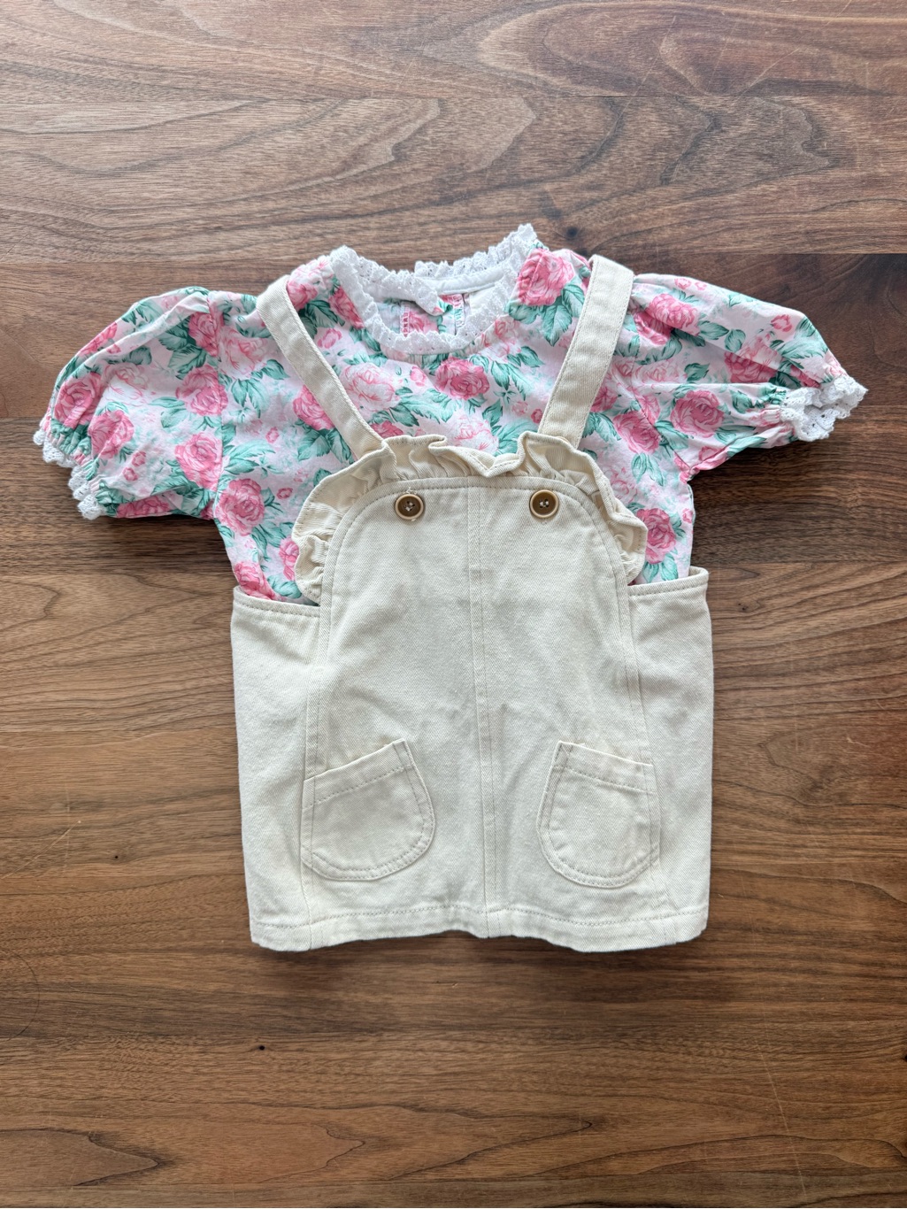 Juni Baby Girl Vintage 80's Floral Blouse & Cream Pinafore Skirtall Set 6-12m